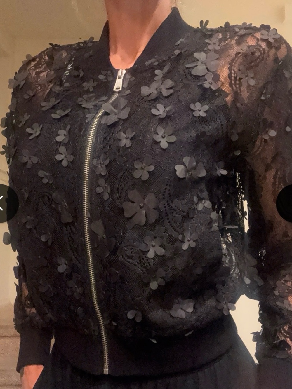 NWT Avec Les Filles Black 3D Floral Appliqué Sheer Bomber Jacket Size M - Picture 2 of 8